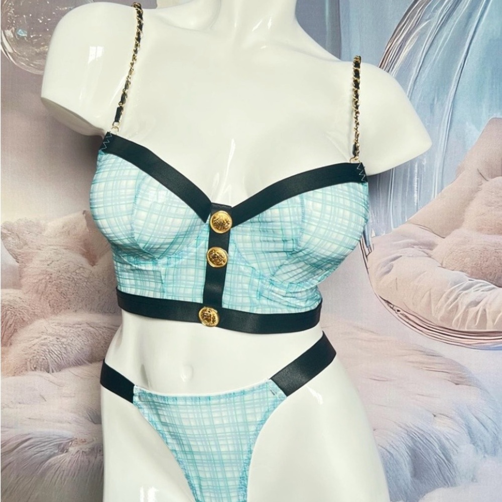Light Blue Plaid Bustier Set with Gold Button Accents